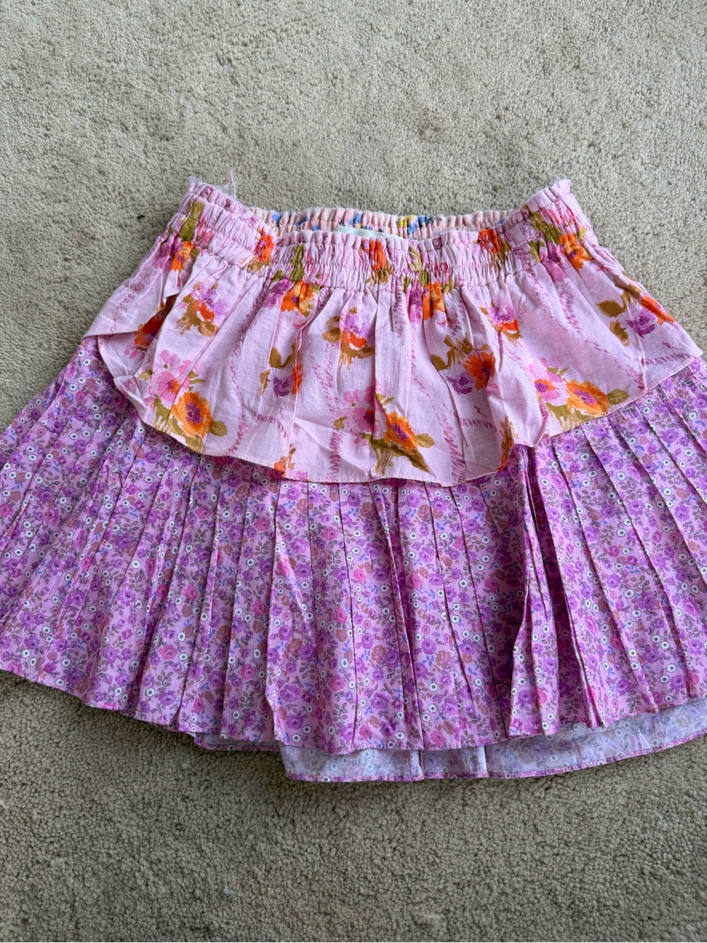 LoveShackFancy Pink Floral Tiered Mini Skirt